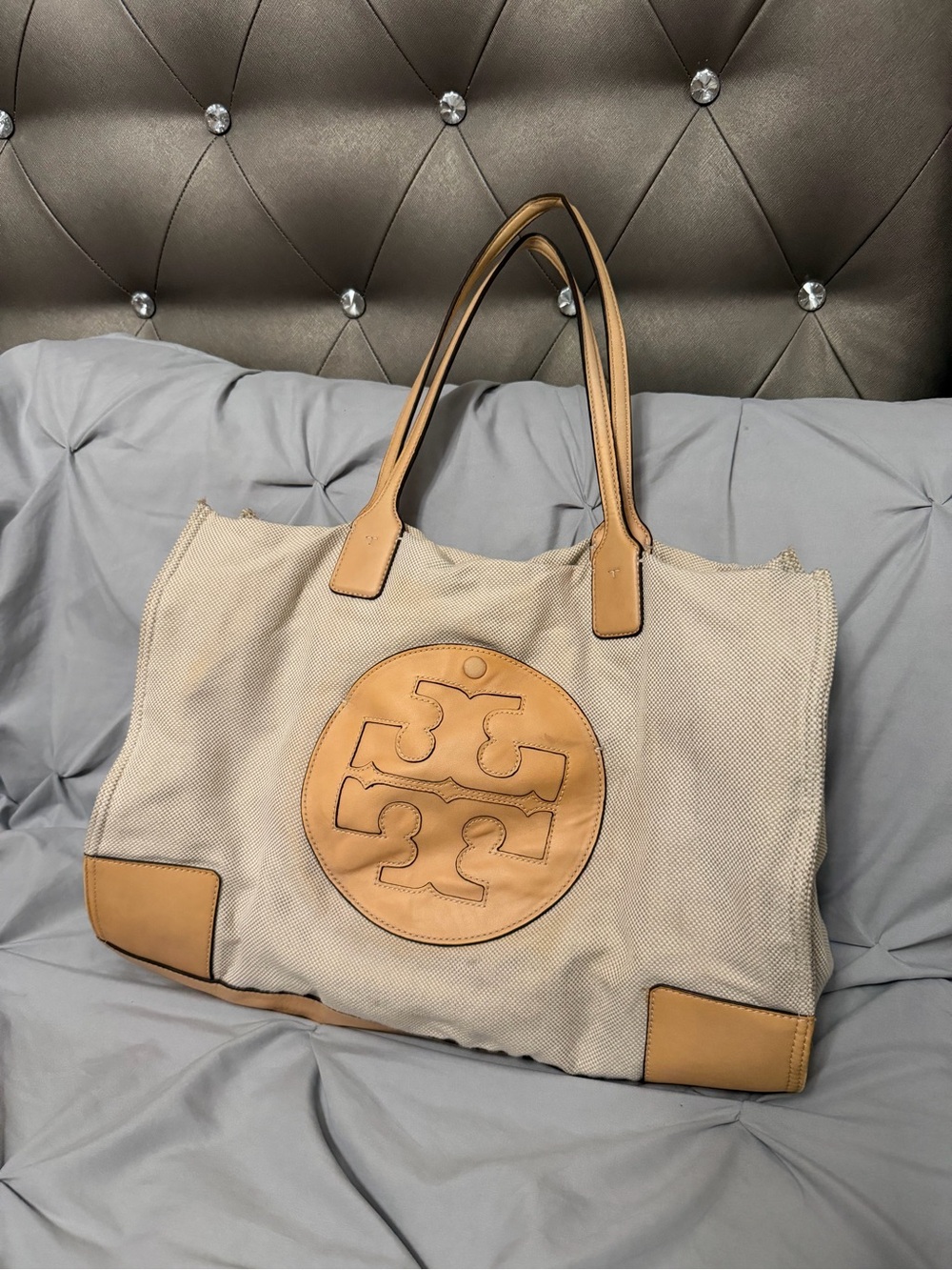 Tory Burch Cream Canvas Tote with Tan Leather Trim